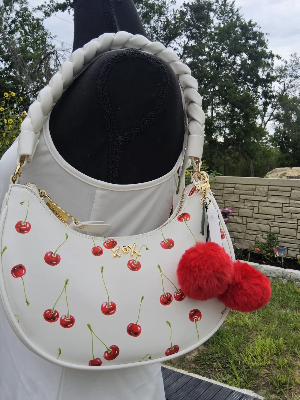 Betsey Johnson White Cherry-Print Shoulder Bag with Pom Pom - Picture 2 of 3